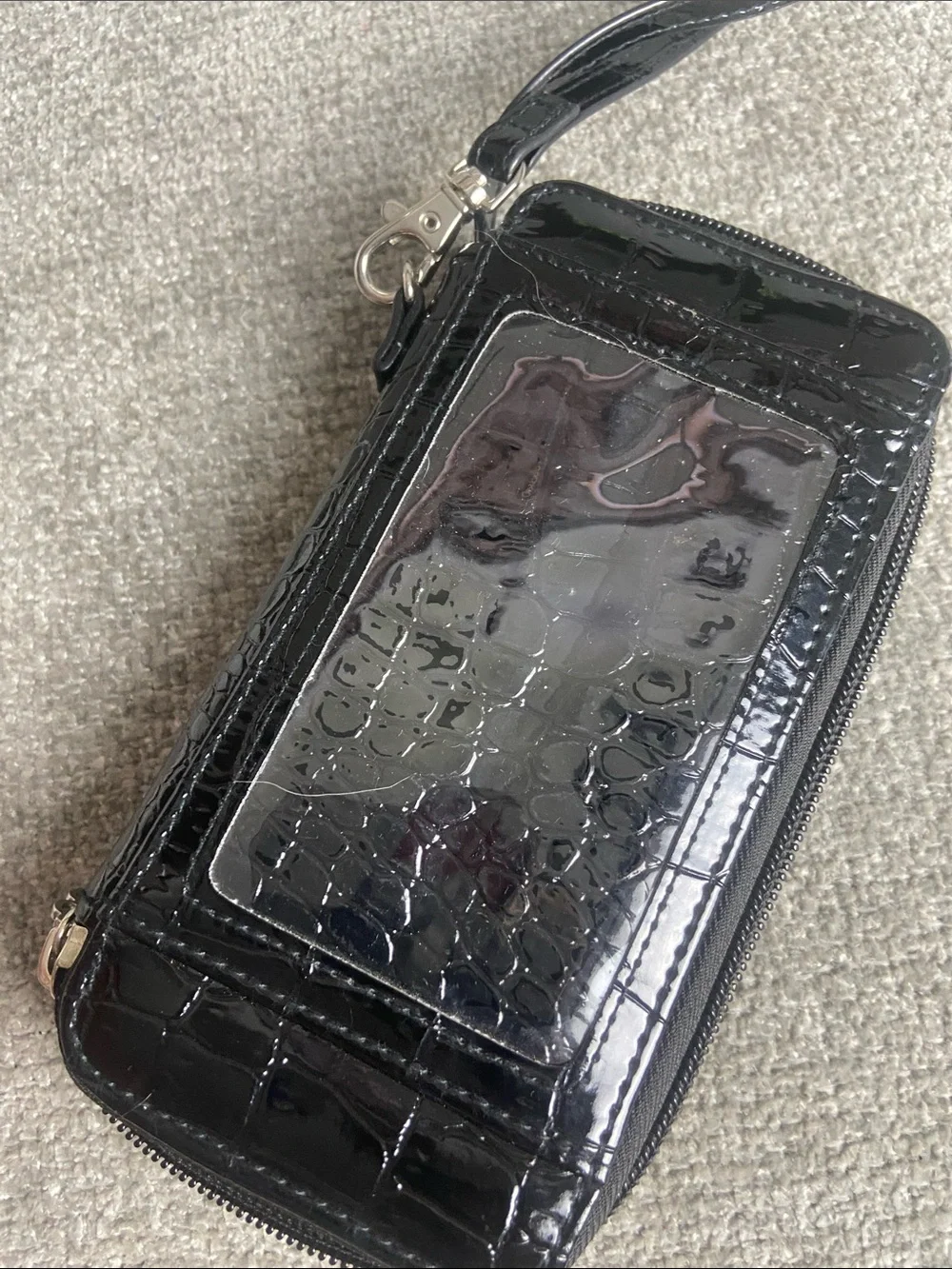 Patent Croc-Embossed Wristlet Phone Case with Wrist Strap - Black